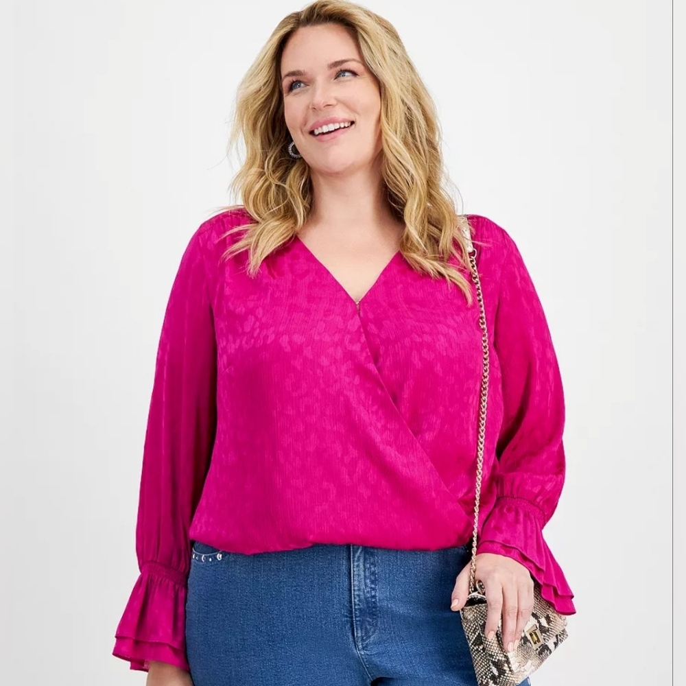 NWT Sz 2x Fuschia Animal Leopard Print Satin Blouse